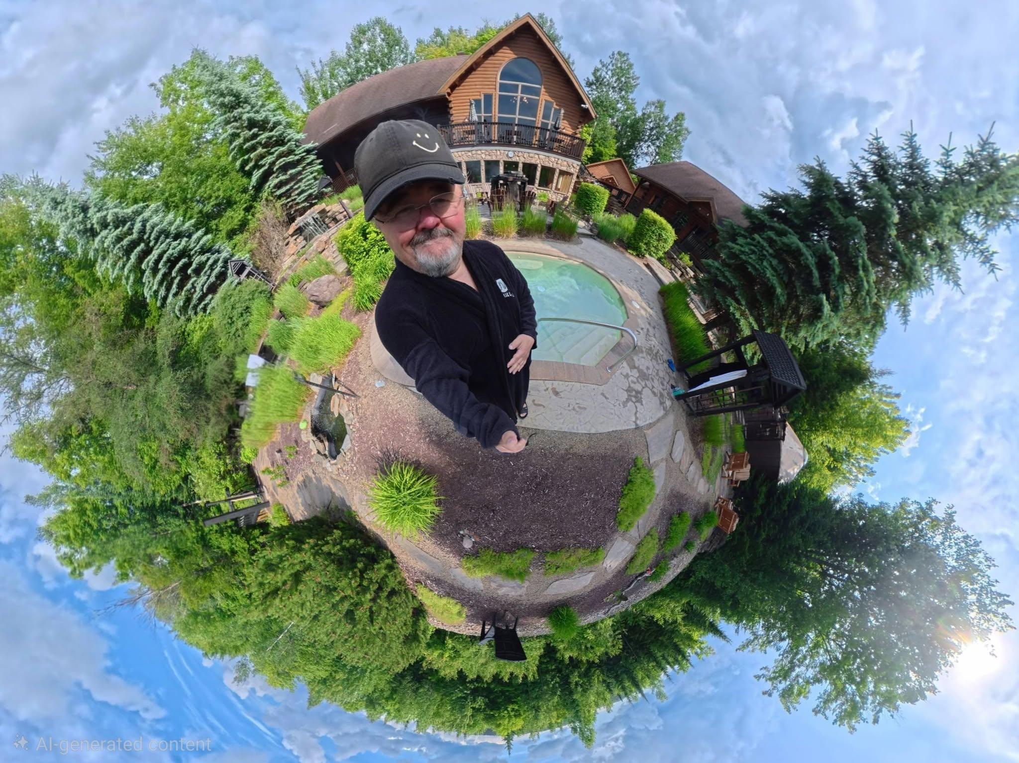 Sylvain en égoportrait mini-planète au spa Natur'Eau à Mandeville, entouré de chalets en bois rond et de nature