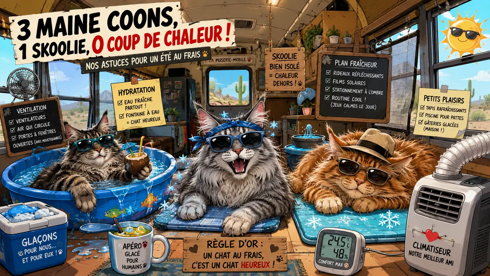 Garder trois Maine Coons au frais dans un bus en été