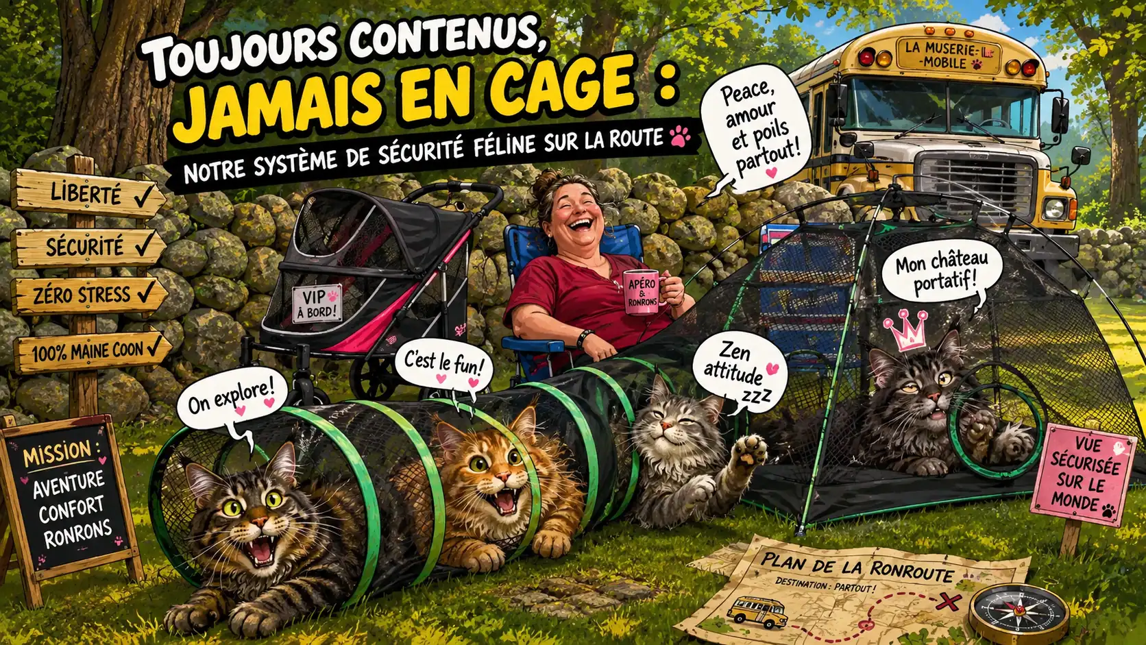 Toujours contenus, jamais en cage : notre système de sécurité féline sur la route